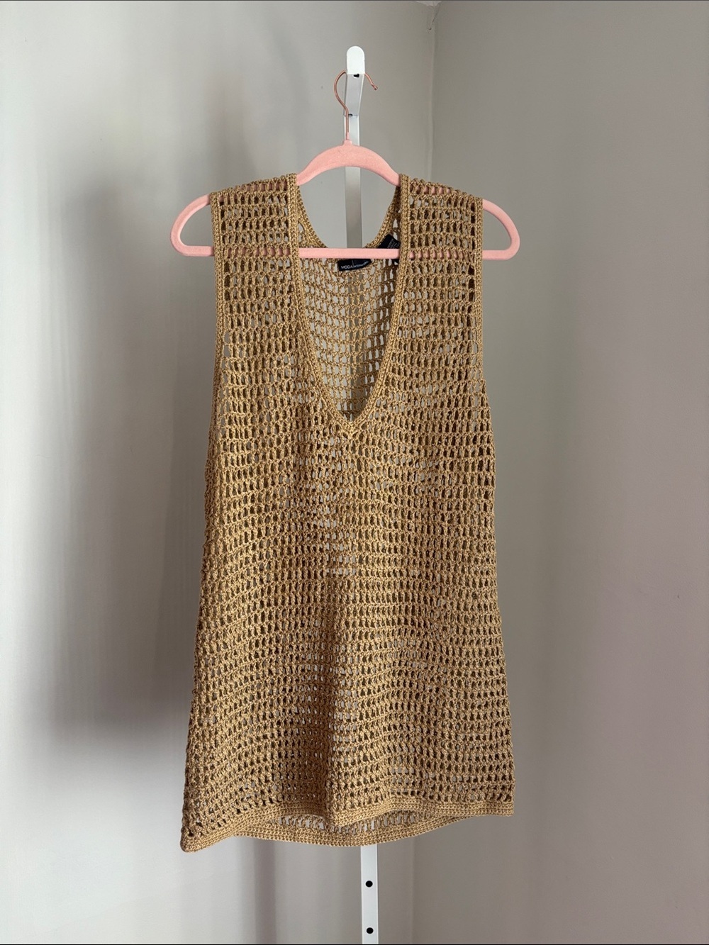Moda International Open Crochet Knit Tunic Cover up in Metallic Tan Size L